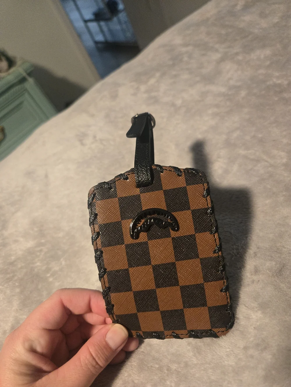 Brown Checkered Leather Luggage Tag - Unbranded